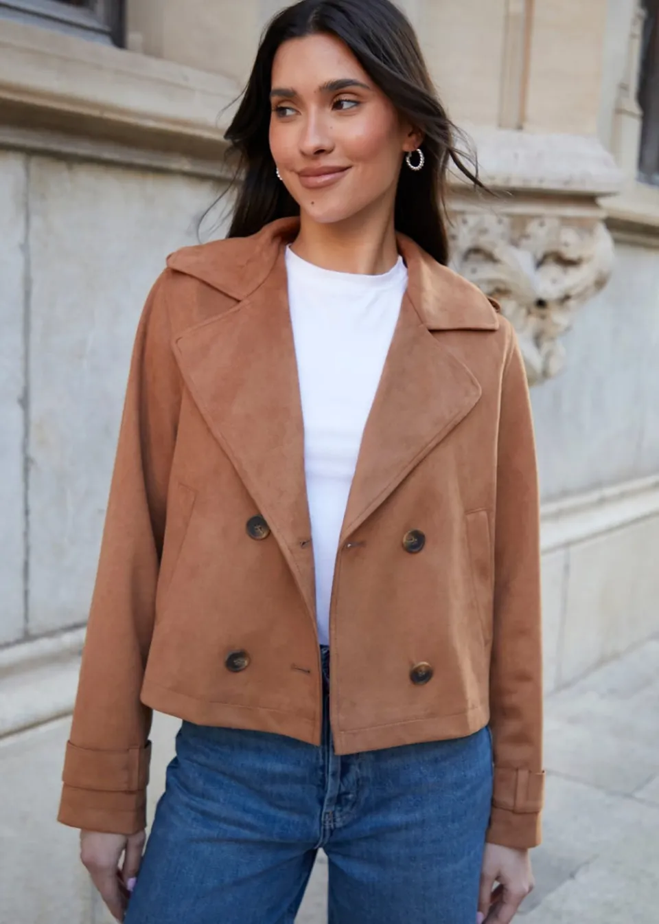 Coats & Jackets>Threadbare Beige Cropped Suedette Trench Coat