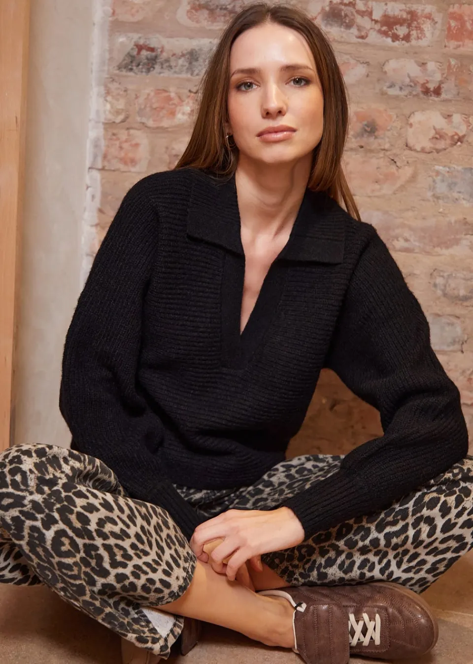 Tops>Threadbare Black Trophy Neck Knitted Jumper