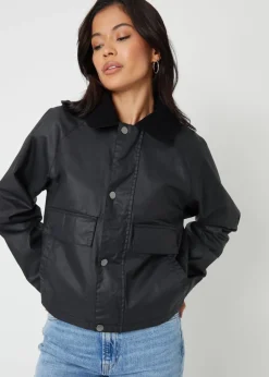 Coats & Jackets>Threadbare Black Waxed Jacket with Concealed Hood
