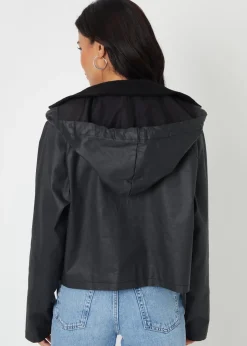 Coats & Jackets>Threadbare Black Waxed Jacket with Concealed Hood