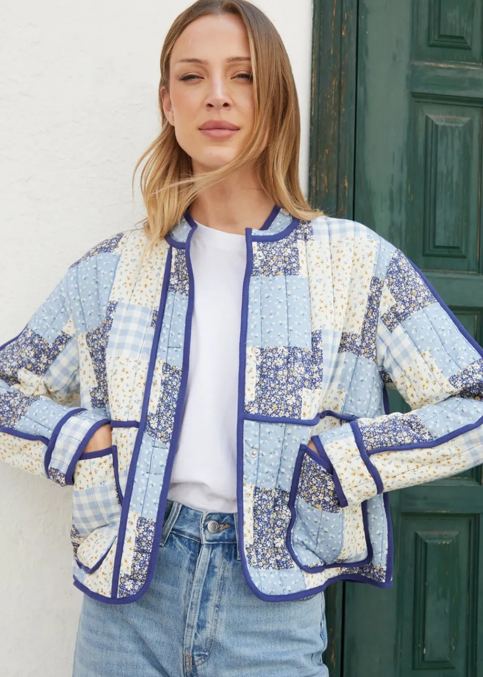 Coats & Jackets>Threadbare Blue Floral Patchwork Quilted Jacket