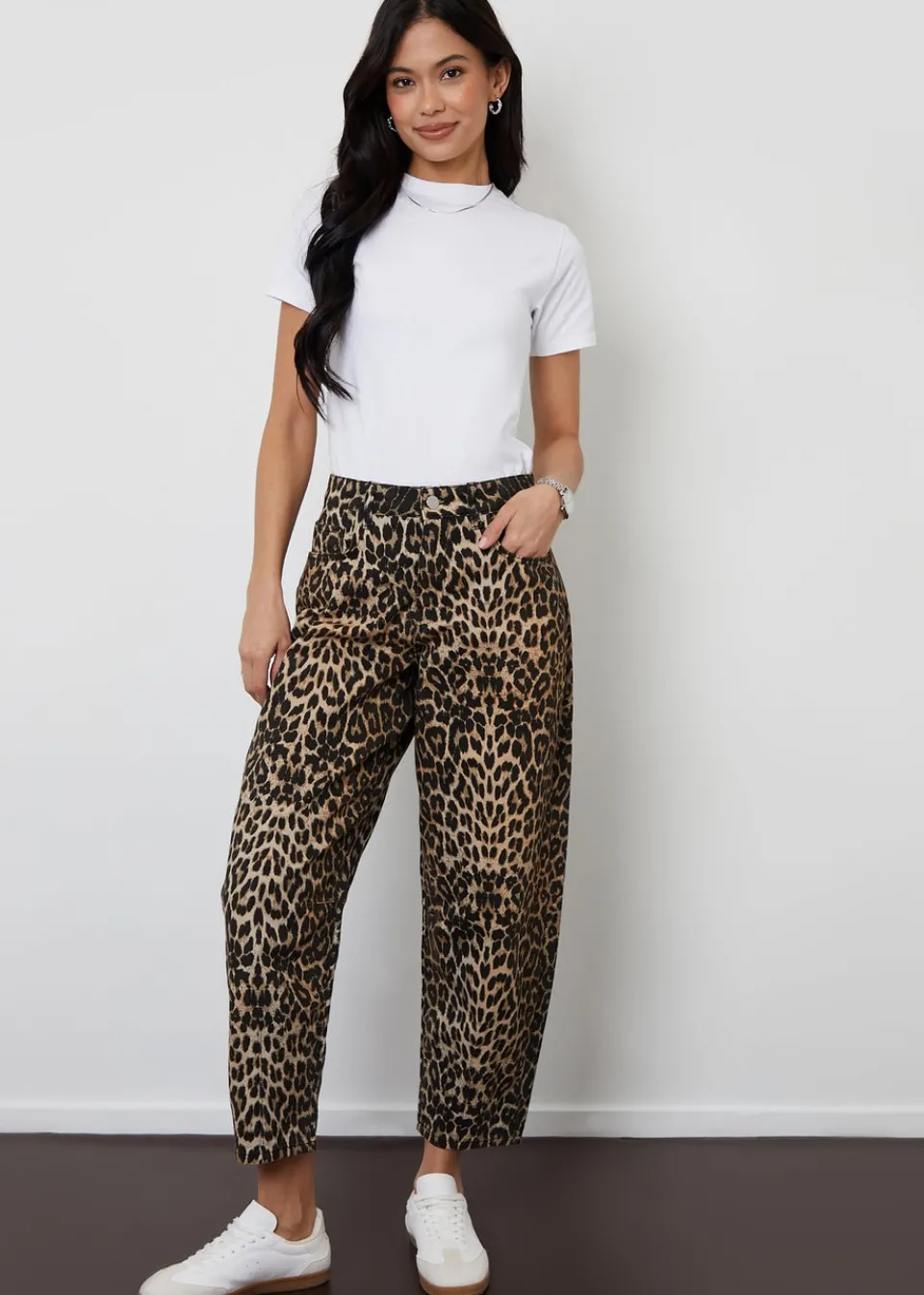Jeans & Jeggings>Threadbare Brown Leopard Print Barrel Leg Denim Jeans