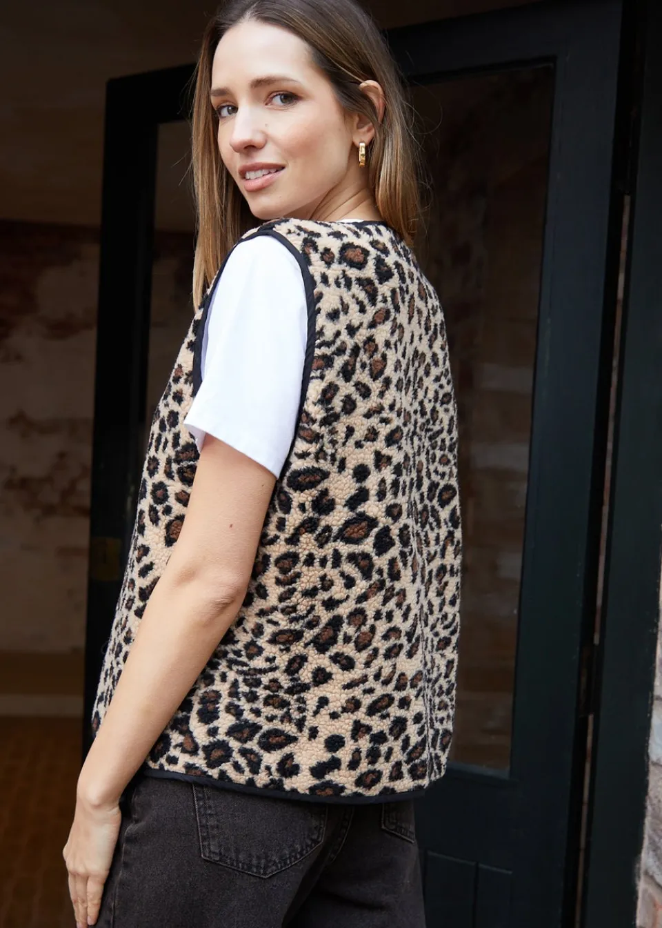 Tops>Threadbare Brown Leopard Print Tie Front Borg Gilet