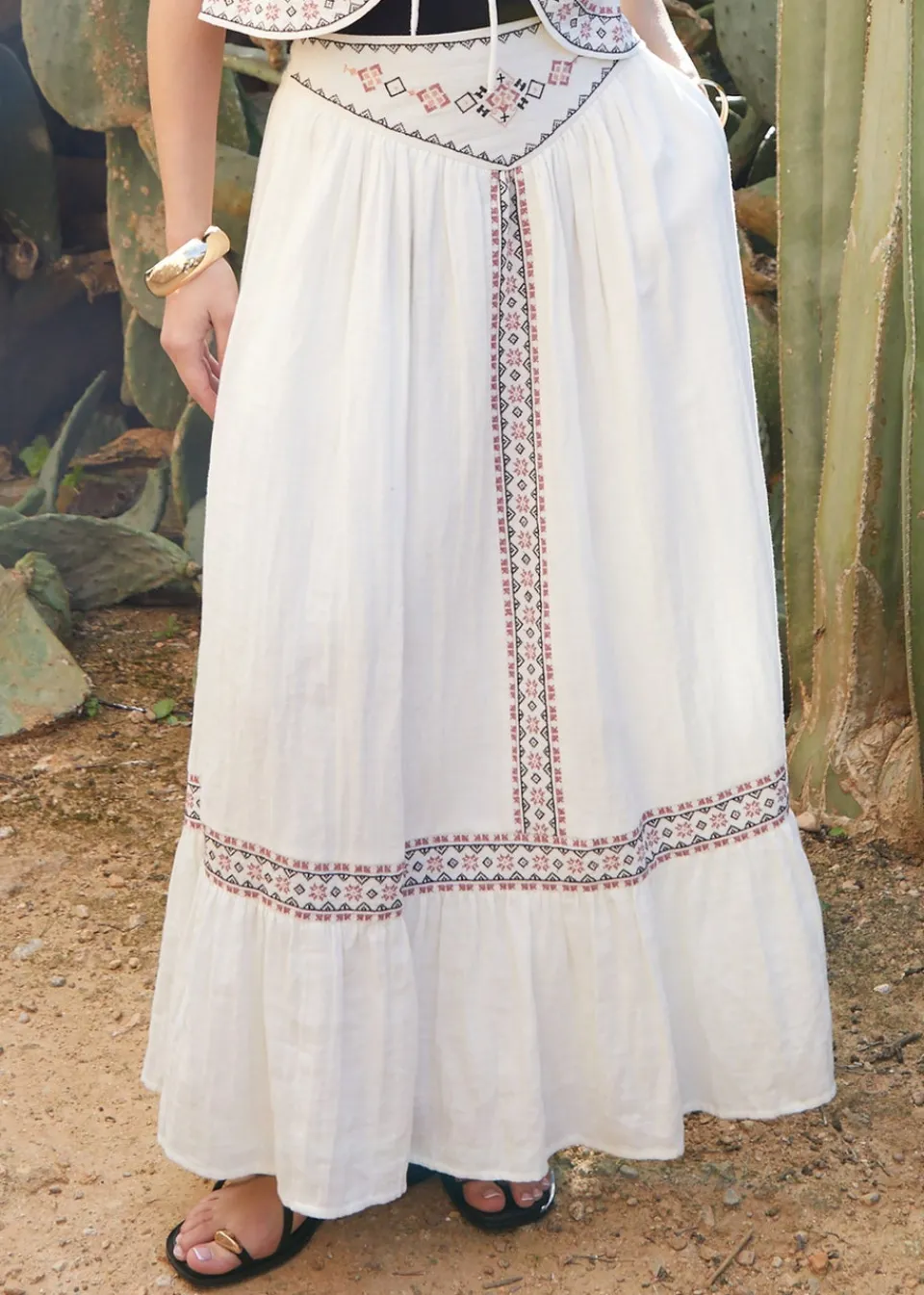Skirts>Threadbare Cream Embroidered Pull On Midi Skirt