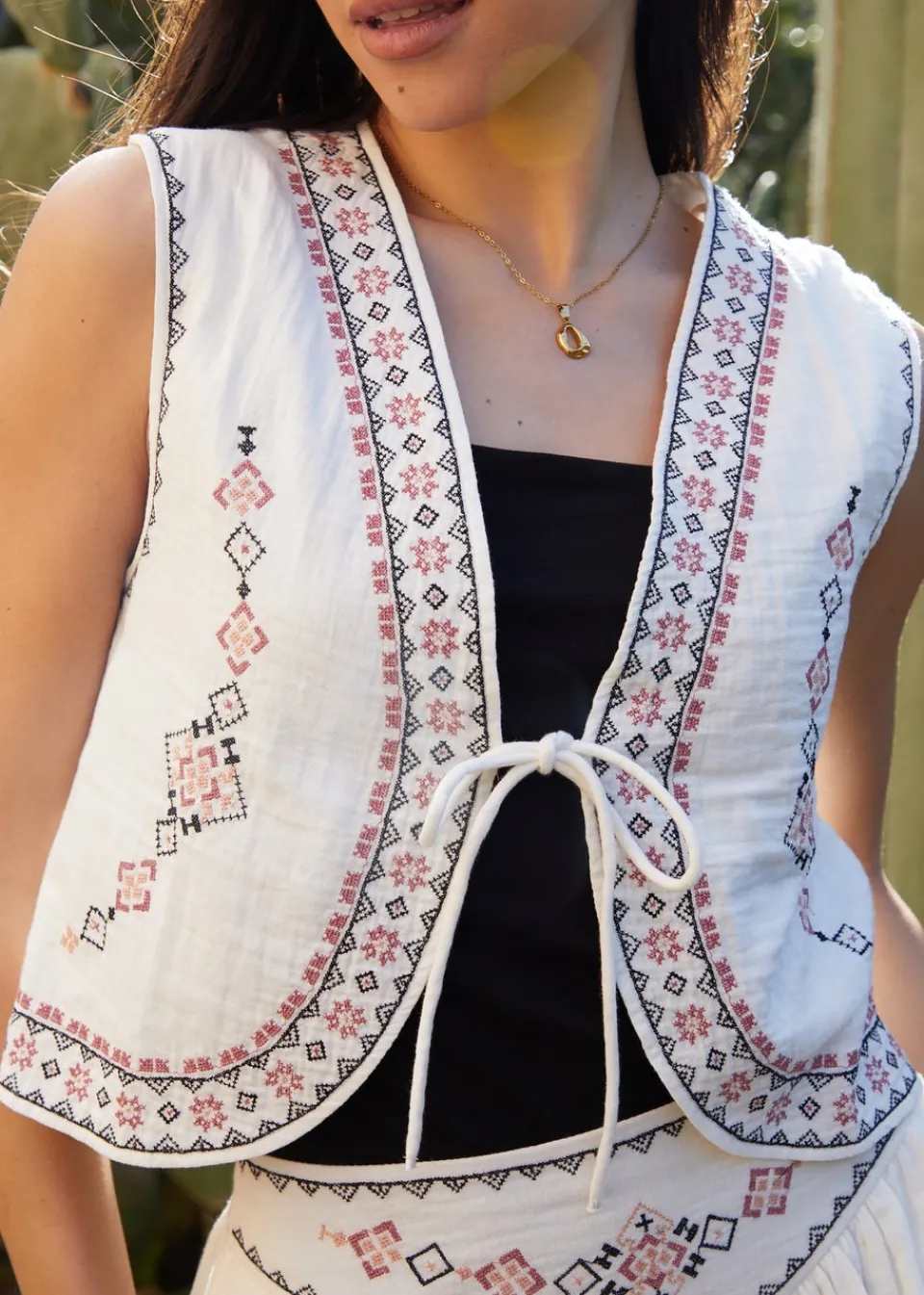 Tops>Threadbare Cream Embroidered Tie Front Waistcoat