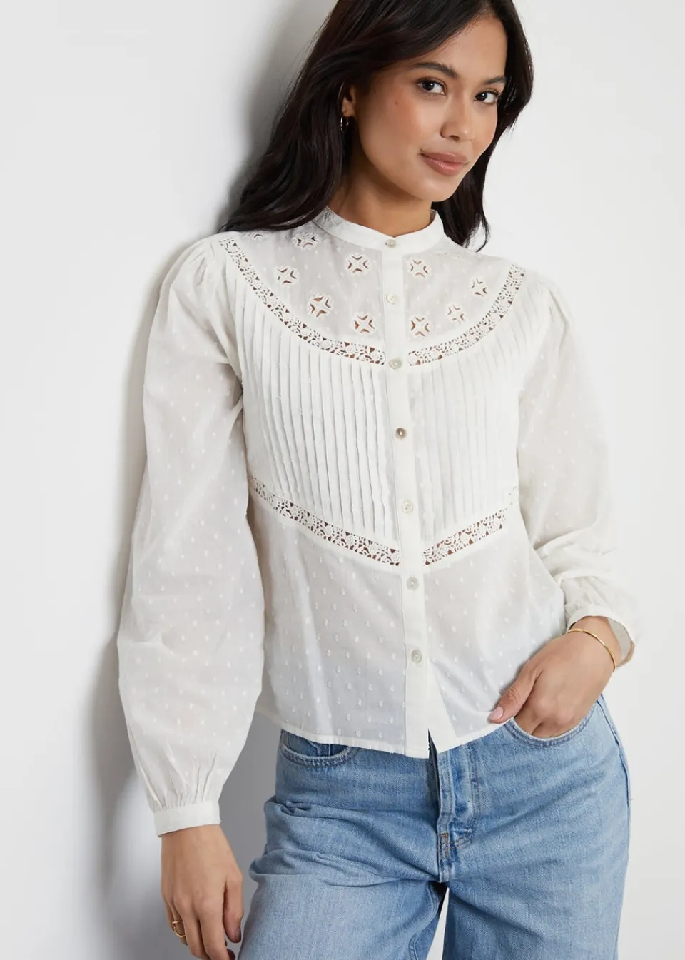 Tops>Threadbare Cream Lace Detail Boho Blouse