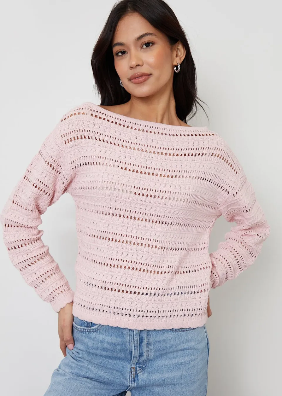Tops>Threadbare Dusty Pink Slash Neck Pointelle Knit Jumper