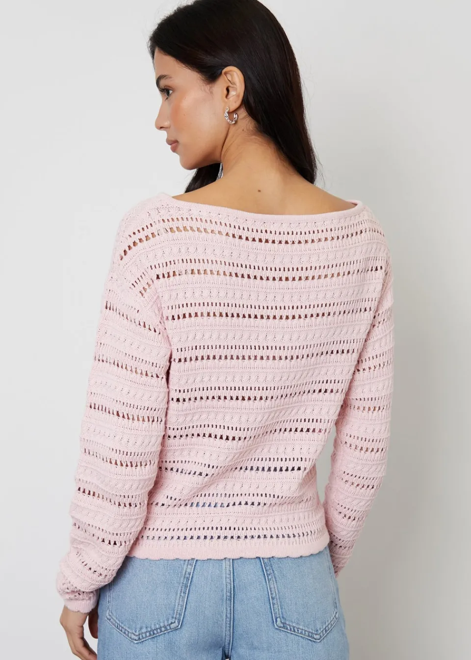 Tops>Threadbare Dusty Pink Slash Neck Pointelle Knit Jumper