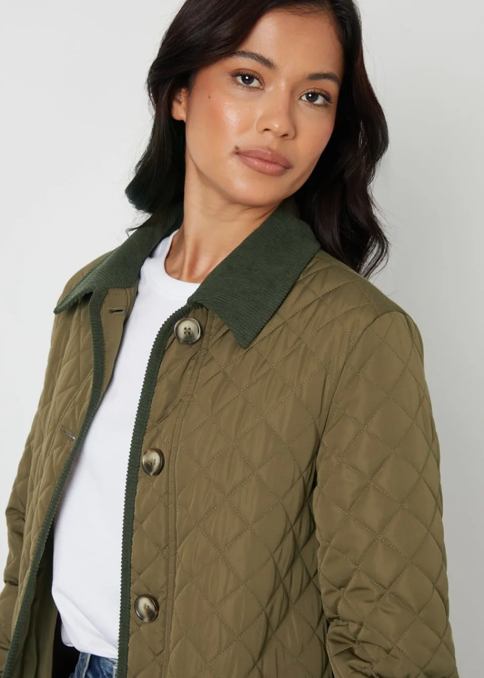 Coats & Jackets>Threadbare Khaki Cord Collar Diamond Quilted Jacket