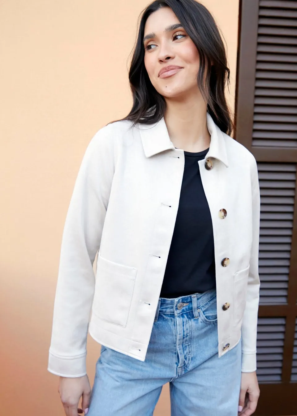 Coats & Jackets>Threadbare Natural Cropped Button Up Suedette Shacket