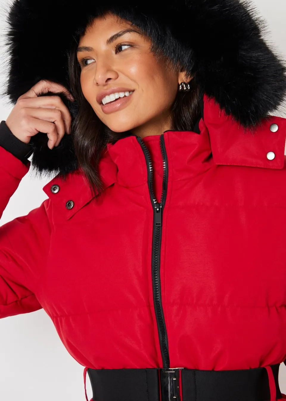 Coats & Jackets>Threadbare Red Belted Padded Ski Jacket