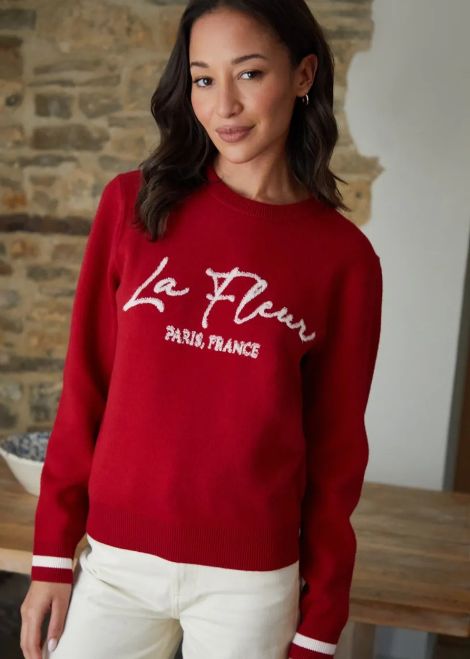 Tops>Threadbare Red Varsity Knitted Jumper
