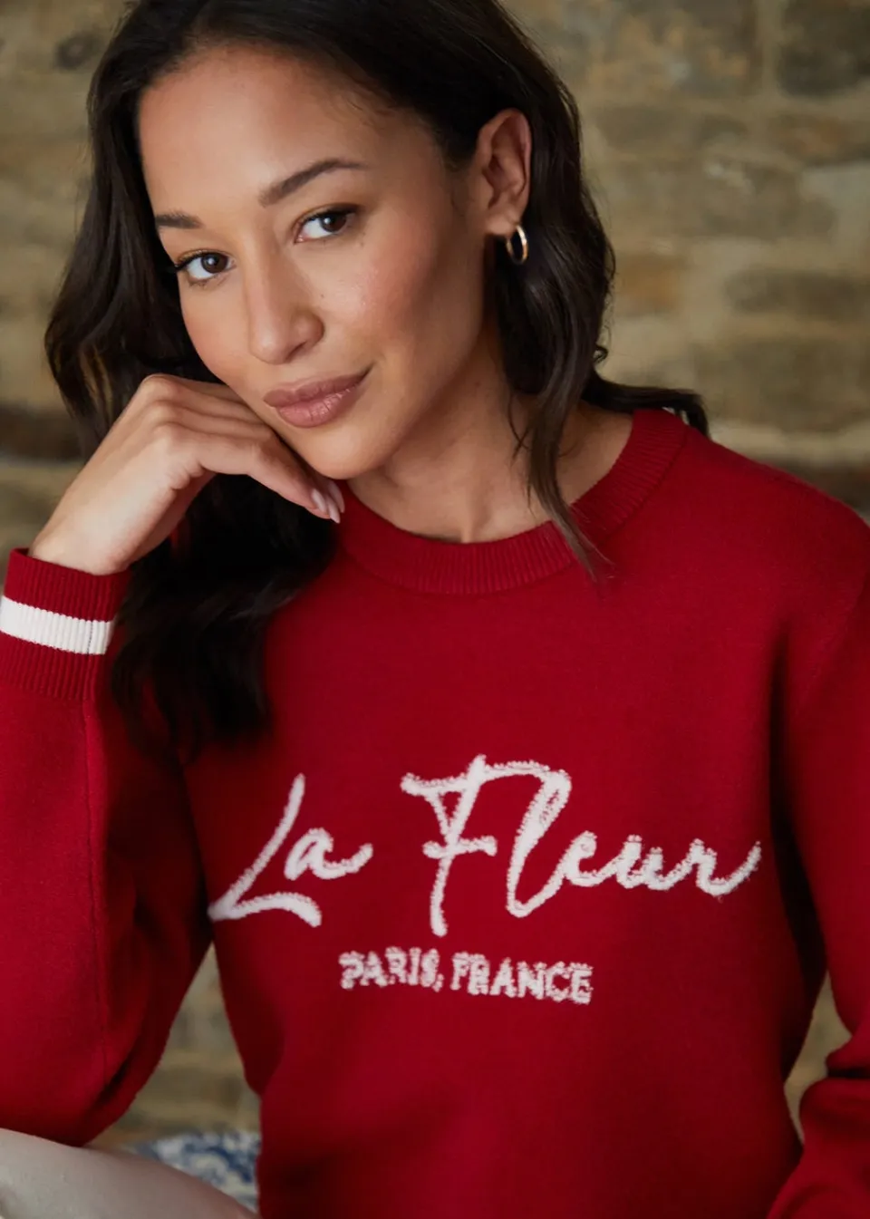 Tops>Threadbare Red Varsity Knitted Jumper