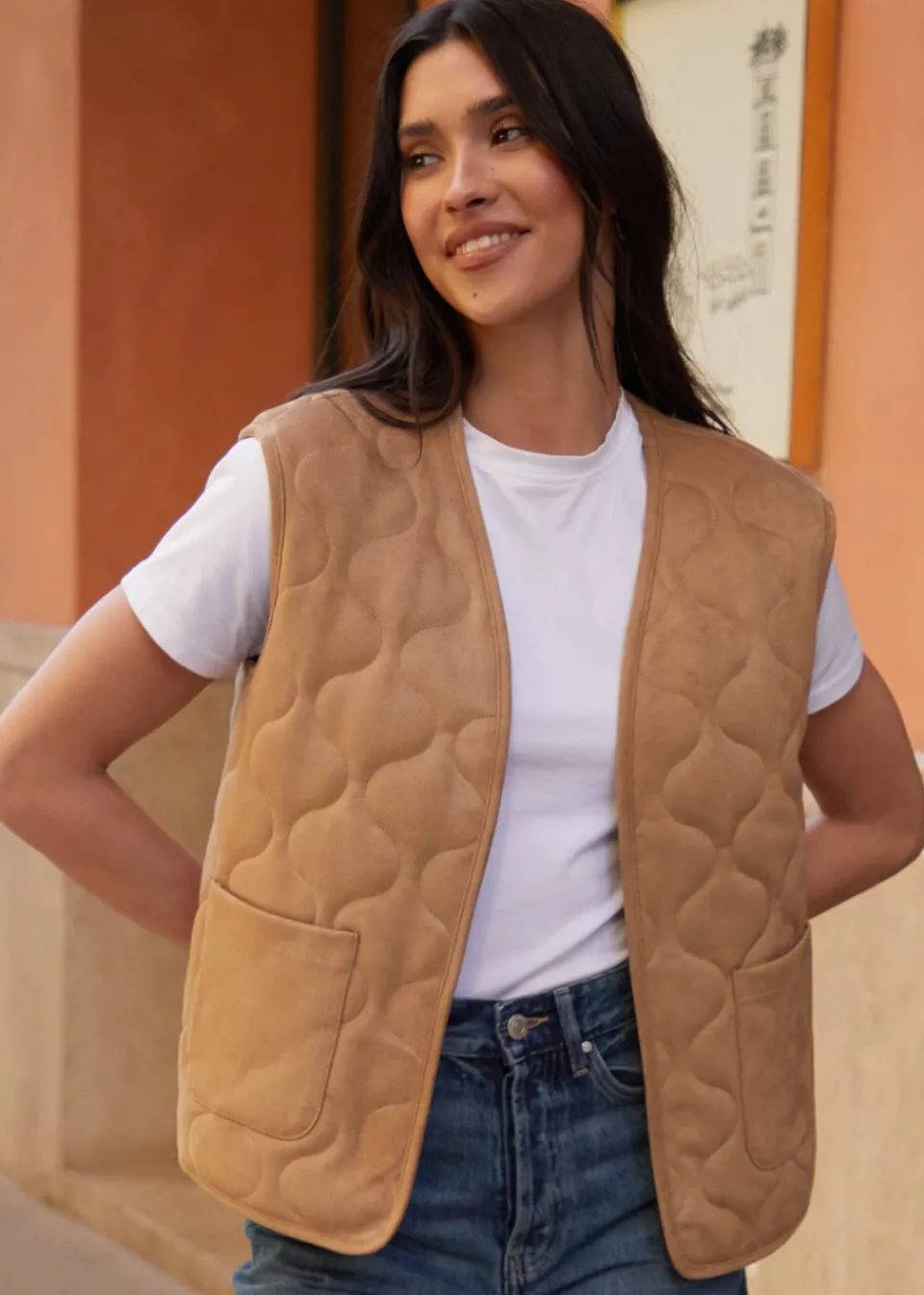 Coats & Jackets>Threadbare Tan Onion Quilted Suedette Gilet