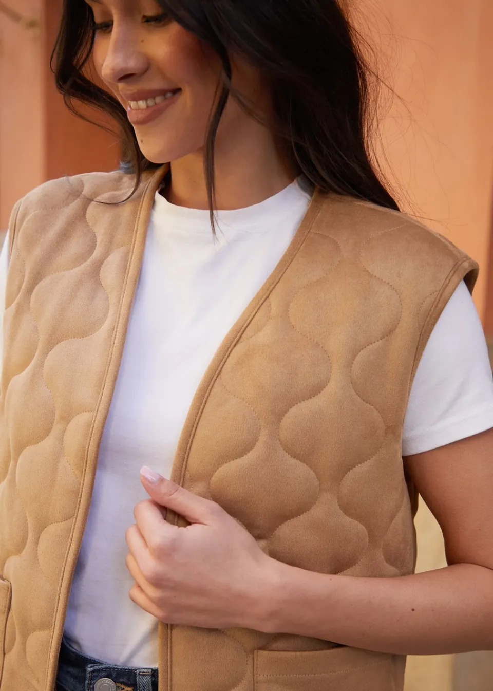 Coats & Jackets>Threadbare Tan Onion Quilted Suedette Gilet