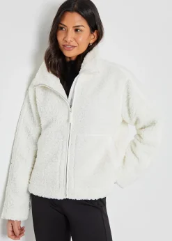 Coats & Jackets>Threadbare White Funnel Neck Zip-Up Borg Fleece