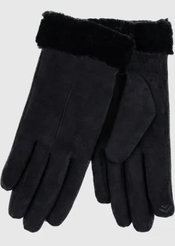 Accessories>Totes Isotoner Black One Point Faux Suede Glove with Faux Fur Cuff Detail