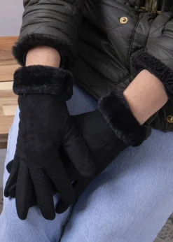 Accessories>Totes Isotoner Black One Point Faux Suede Glove with Faux Fur Cuff Detail