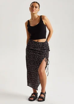 Skirts>Urban Bliss Black Chiffon Floral Ruched Midi Skirt