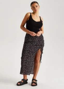 Skirts>Urban Bliss Black Chiffon Floral Ruched Midi Skirt