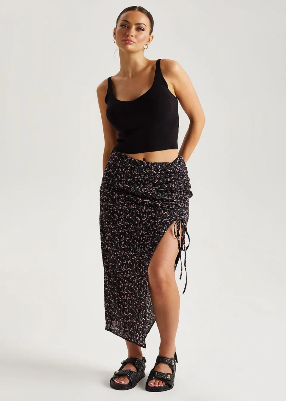 Skirts>Urban Bliss Black Chiffon Floral Ruched Midi Skirt