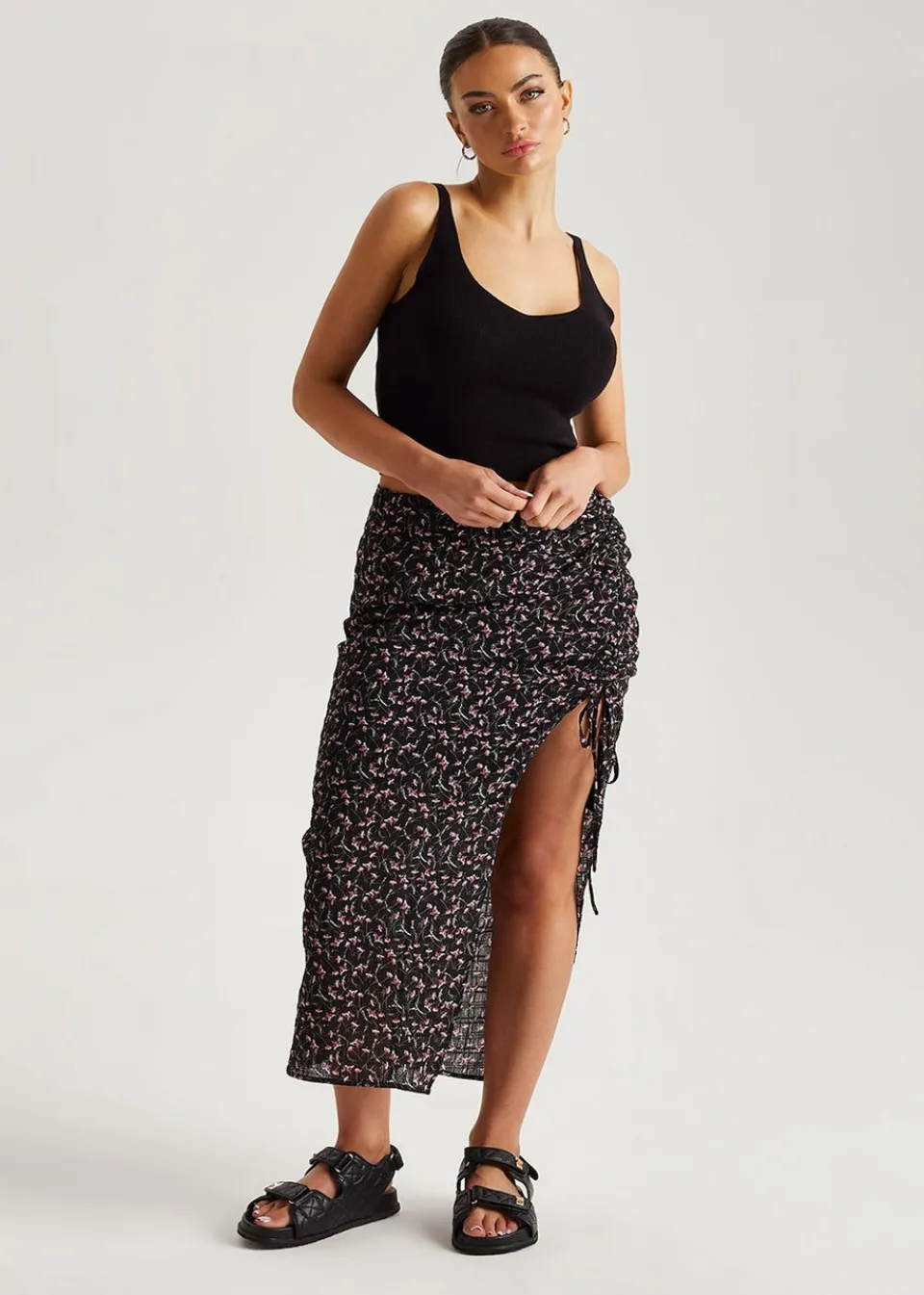 Skirts>Urban Bliss Black Chiffon Floral Ruched Midi Skirt