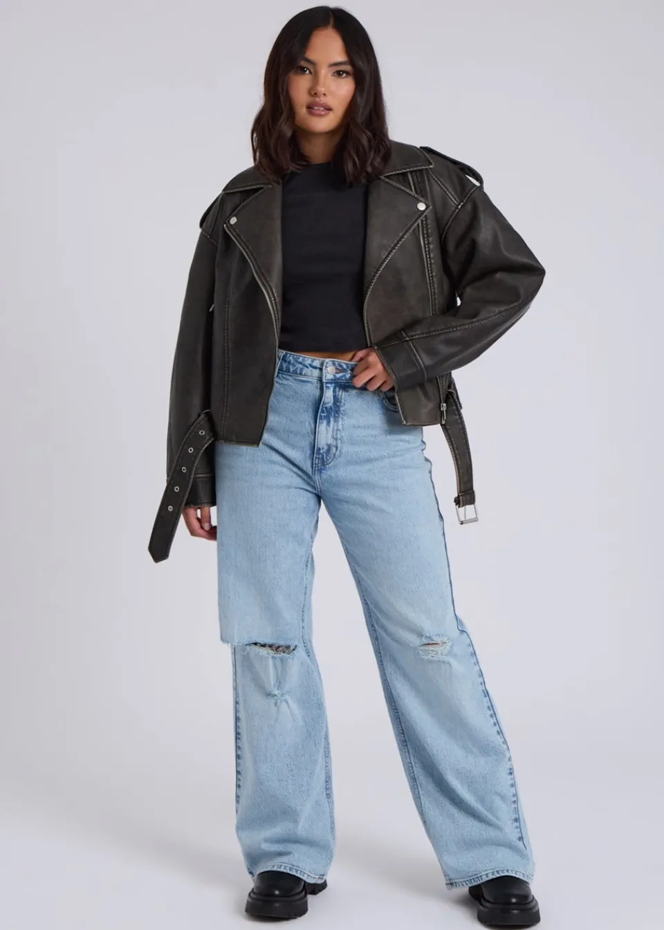Coats & Jackets>Urban Bliss Black Distressed PU Biker Jacket