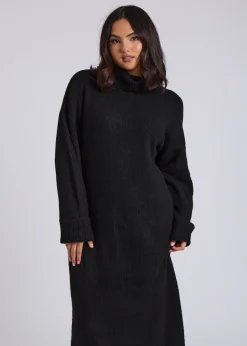 Knitwear>Urban Bliss Black Midi Roll Neck Dress