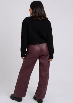 Trousers>Urban Bliss Burgundy PU Wide Leg Elasticated Trouser