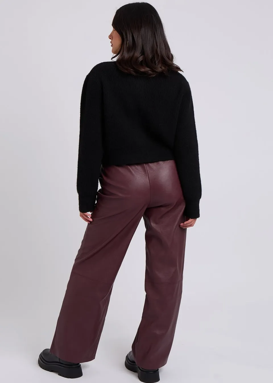 Trousers>Urban Bliss Burgundy PU Wide Leg Elasticated Trouser