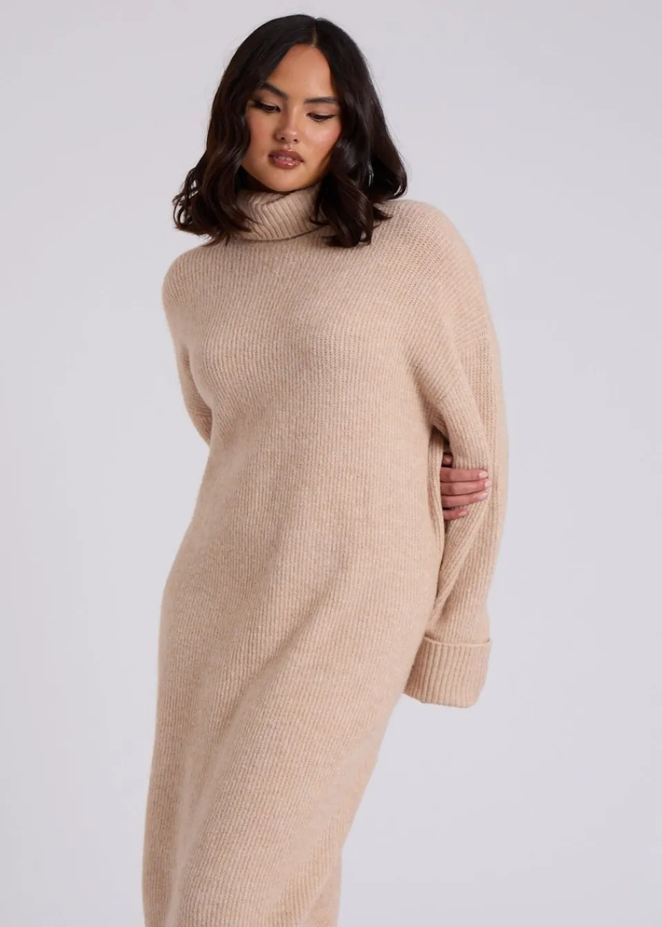Knitwear>Urban Bliss Camel Midi Roll Neck Dress
