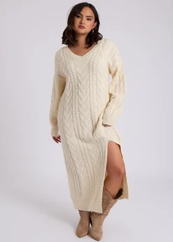 Knitwear>Urban Bliss Cream Cable V Neck Midaxi Dress