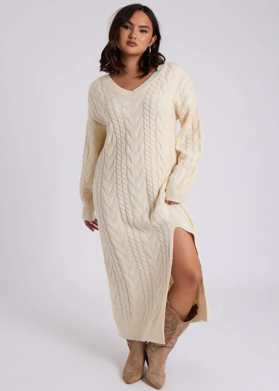 Knitwear>Urban Bliss Cream Cable V Neck Midaxi Dress