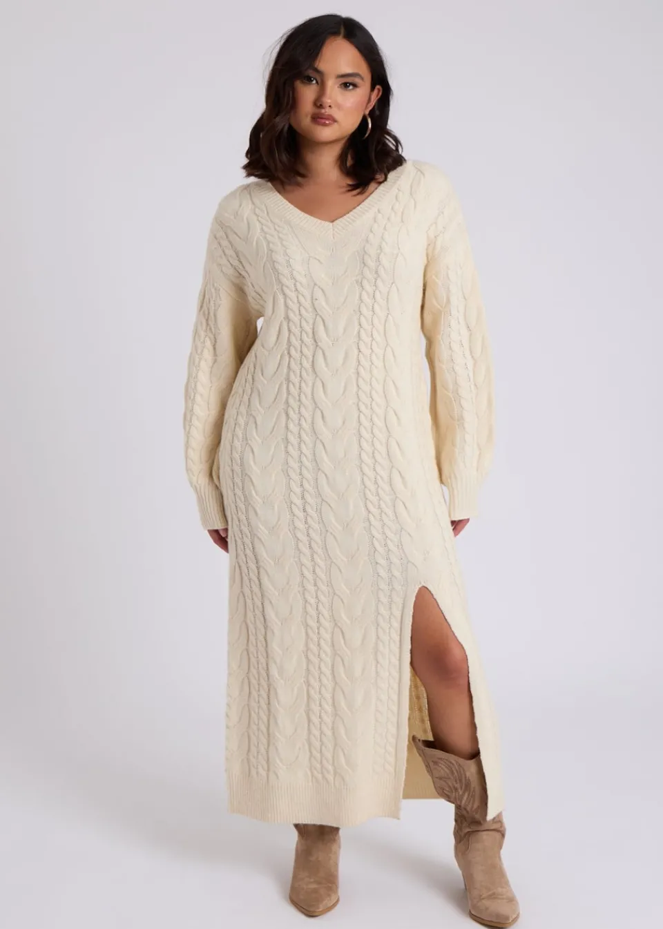Knitwear>Urban Bliss Cream Cable V Neck Midaxi Dress