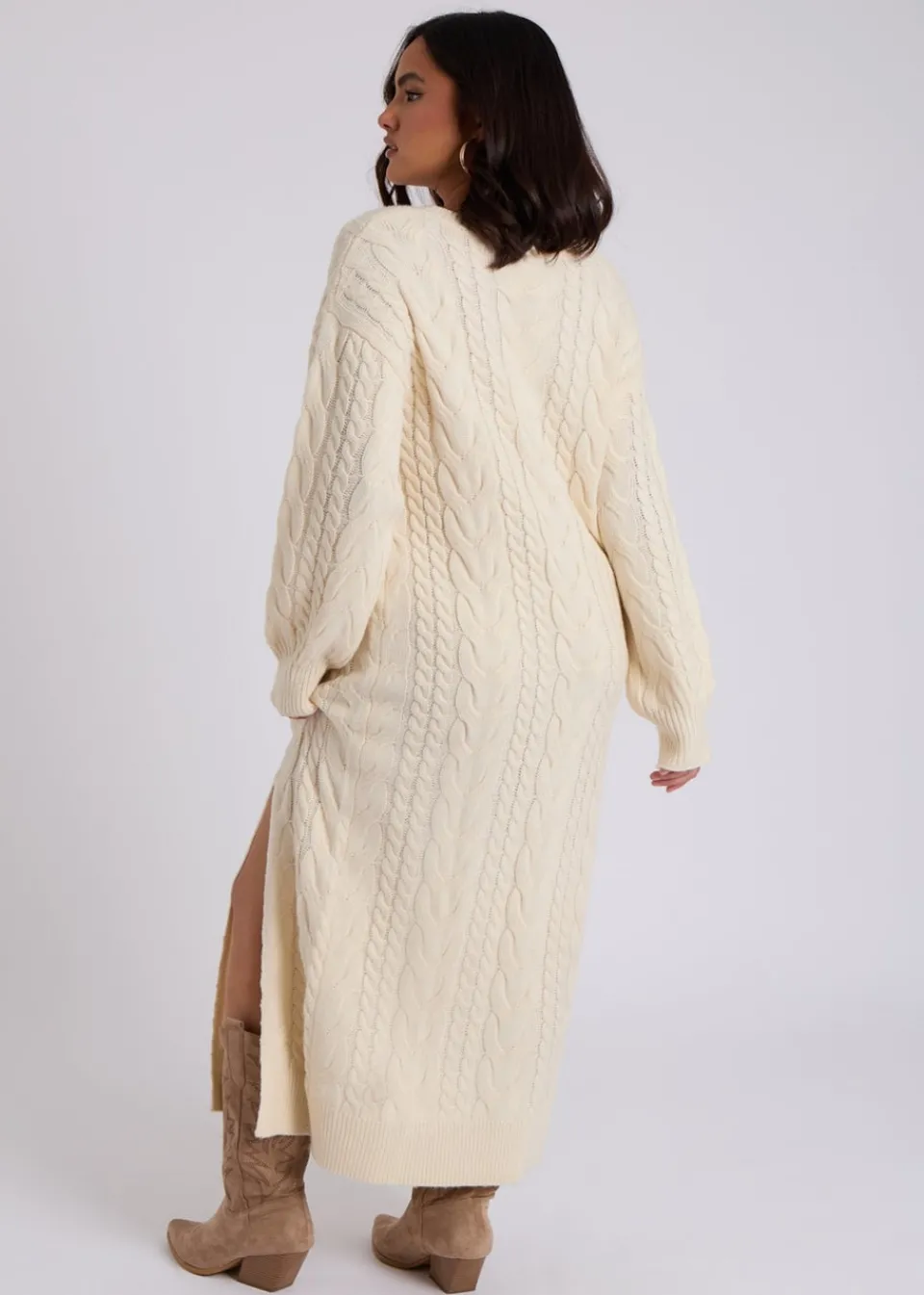 Knitwear>Urban Bliss Cream Cable V Neck Midaxi Dress