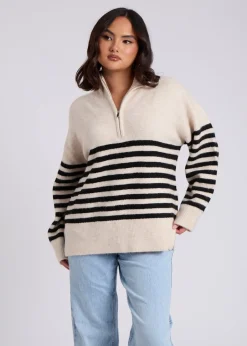 Tops>Urban Bliss Cream Half Zip Stripe Jumper