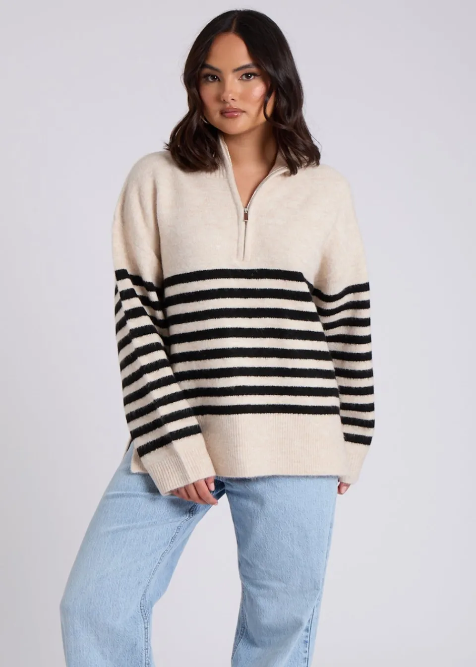 Tops>Urban Bliss Cream Half Zip Stripe Jumper