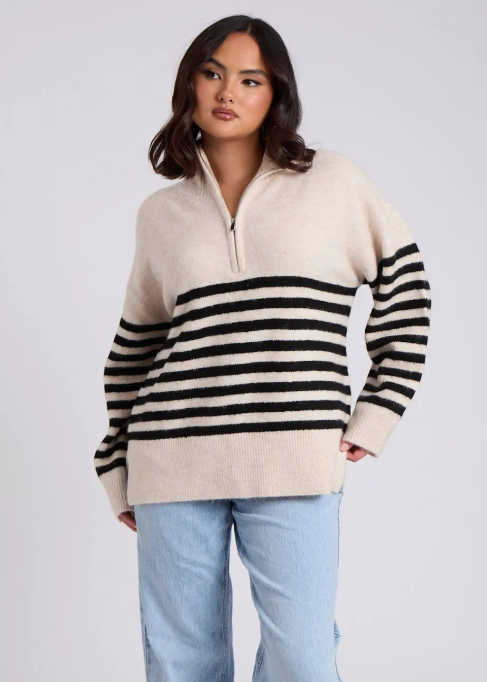 Tops>Urban Bliss Cream Half Zip Stripe Jumper