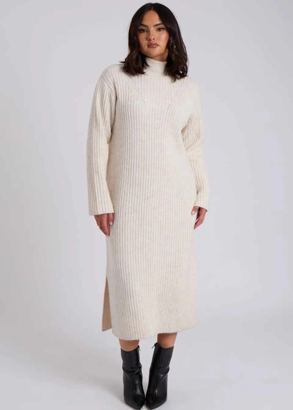Dresses>Urban Bliss Cream Stand Neck Ribbed Dress