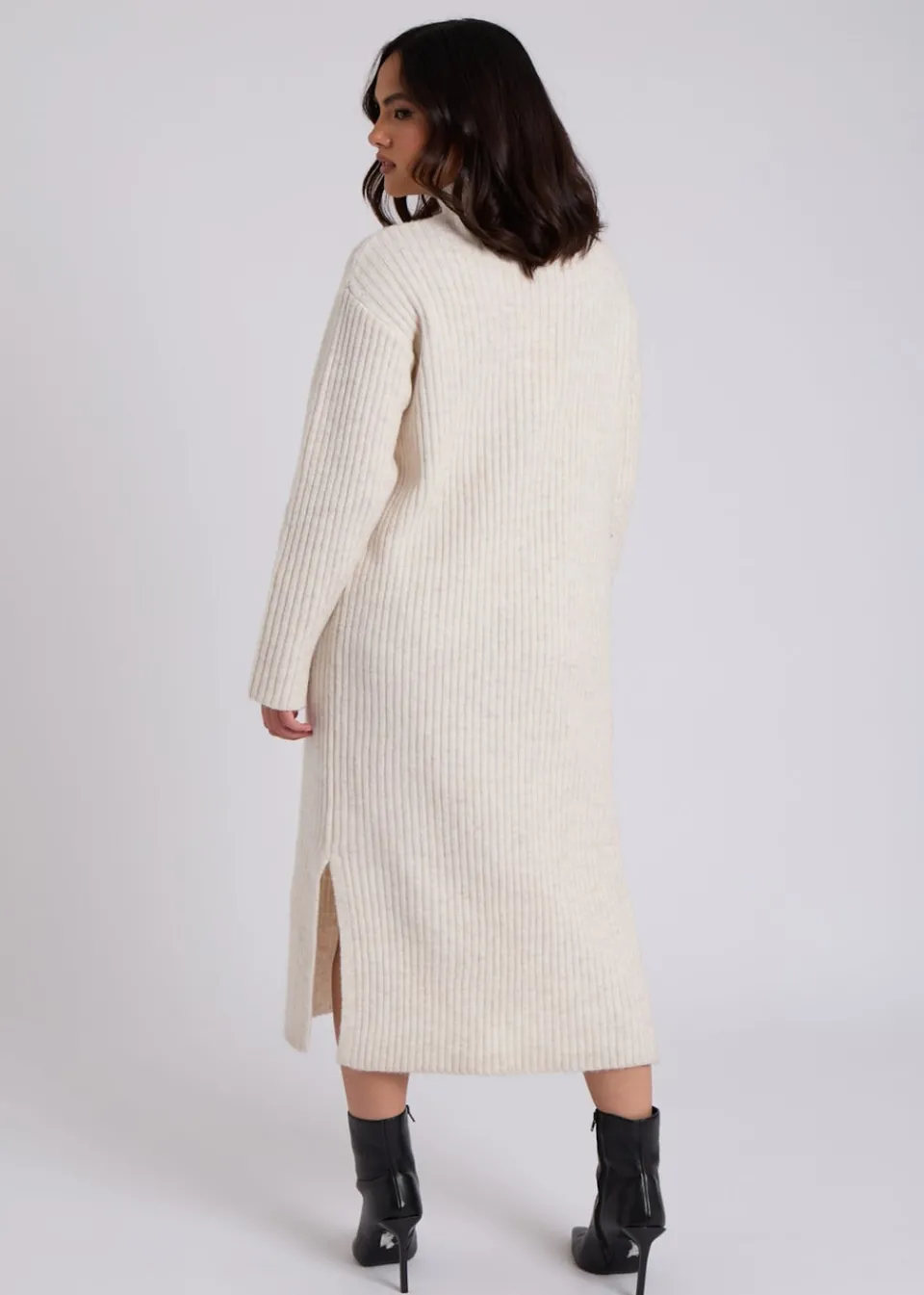 Dresses>Urban Bliss Cream Stand Neck Ribbed Dress