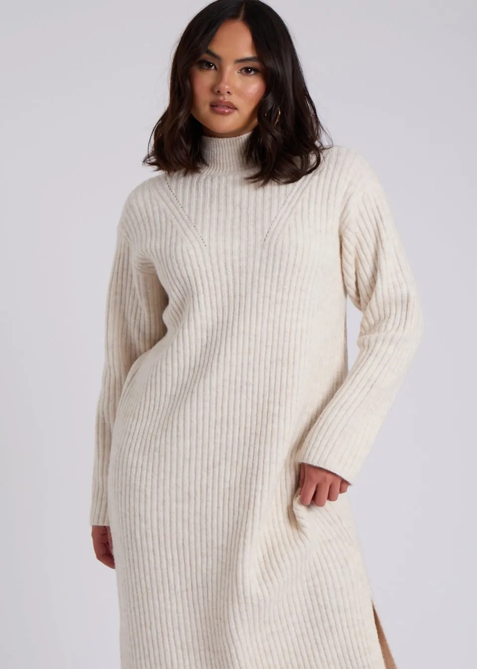 Dresses>Urban Bliss Cream Stand Neck Ribbed Dress