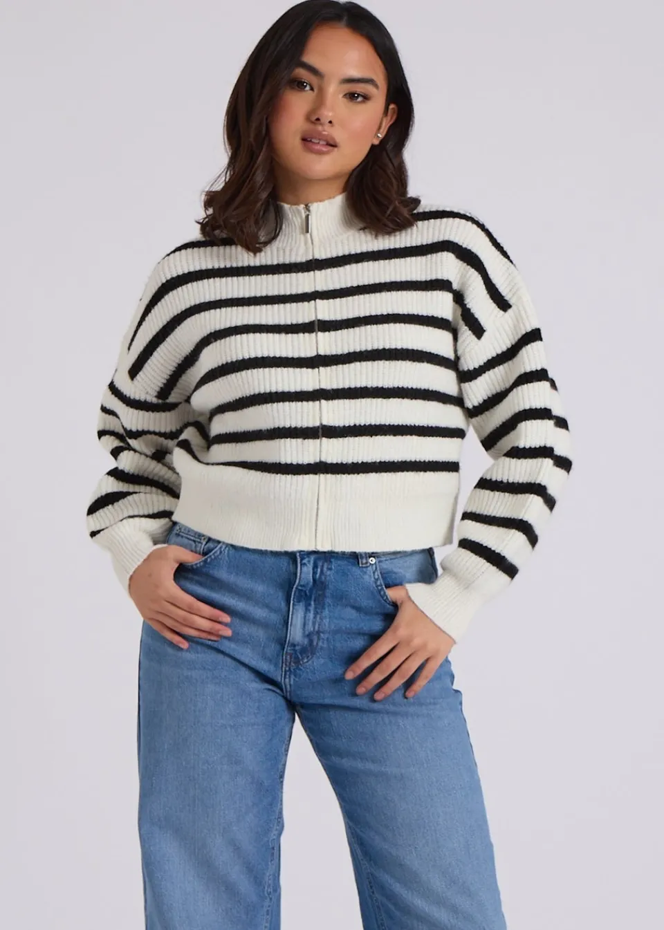 Tops>Urban Bliss Cream Stripe Zip Through Cardigan