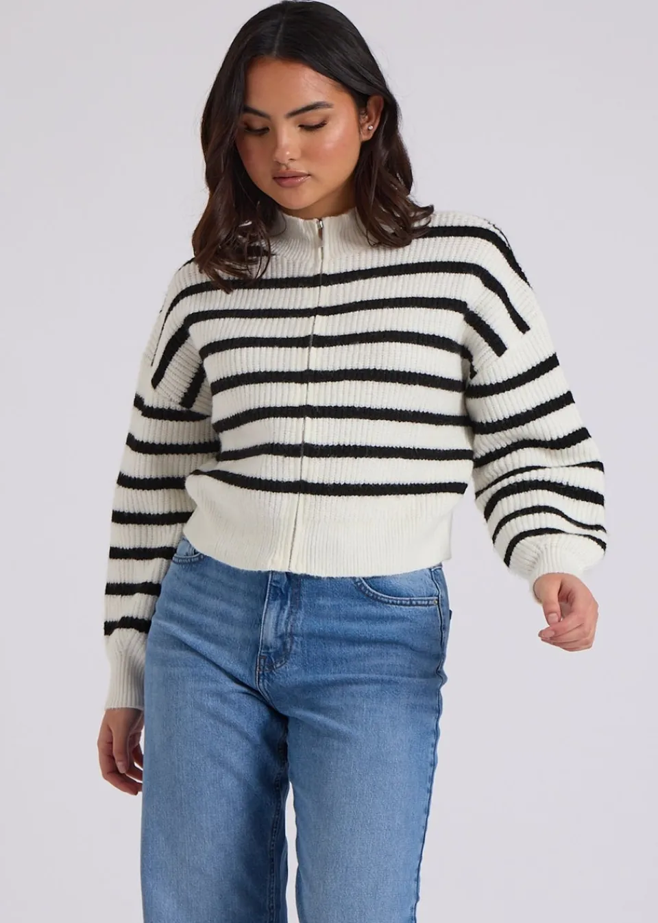 Tops>Urban Bliss Cream Stripe Zip Through Cardigan