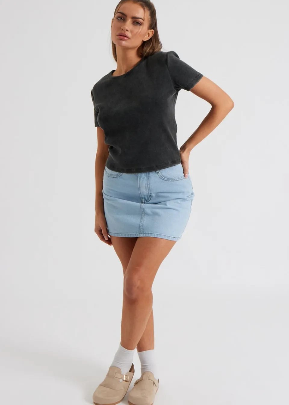T-Shirts>Urban Bliss Washed Ribbed Tee Grey
