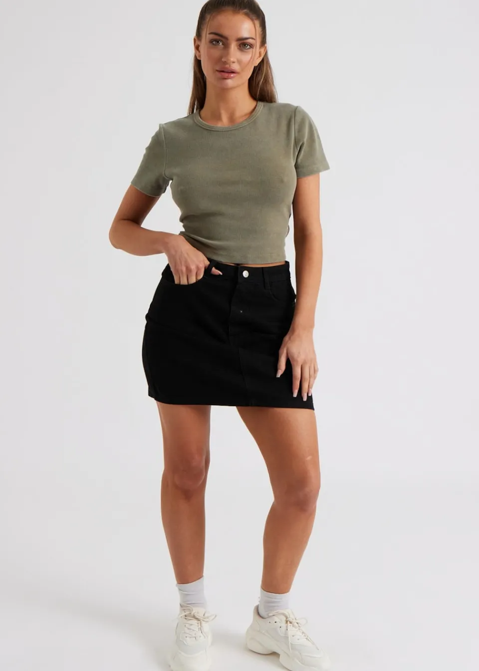 T-Shirts>Urban Bliss Washed Ribbed Tee Khaki