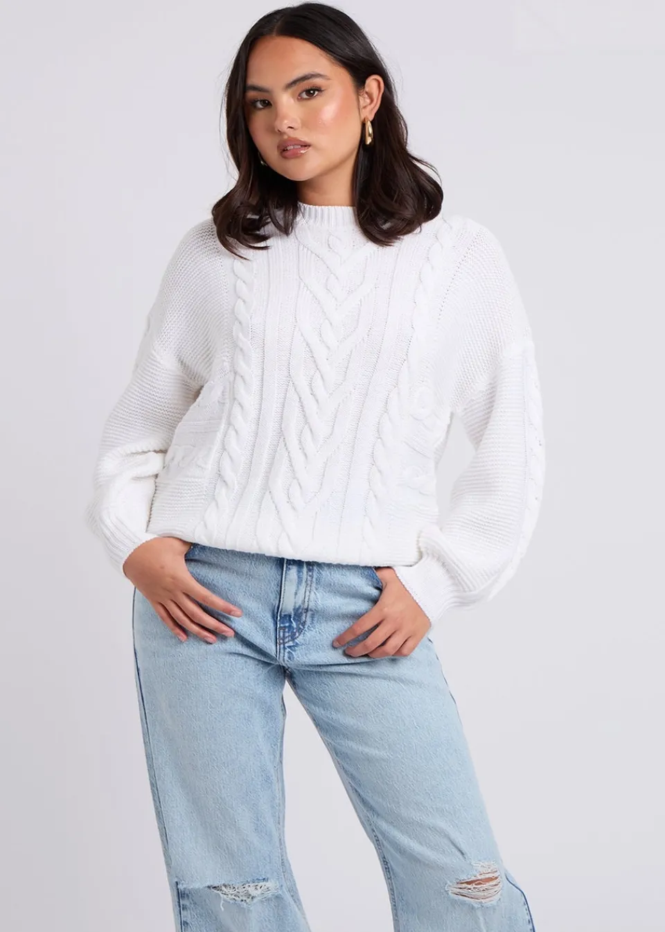 Tops>Urban Bliss Cable & Textured Crew Jumper White