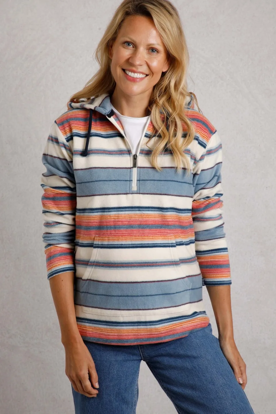 Loungewear>Weird Fish Cream Lana 1/4 Zip Stripe Microfleece Hoodie