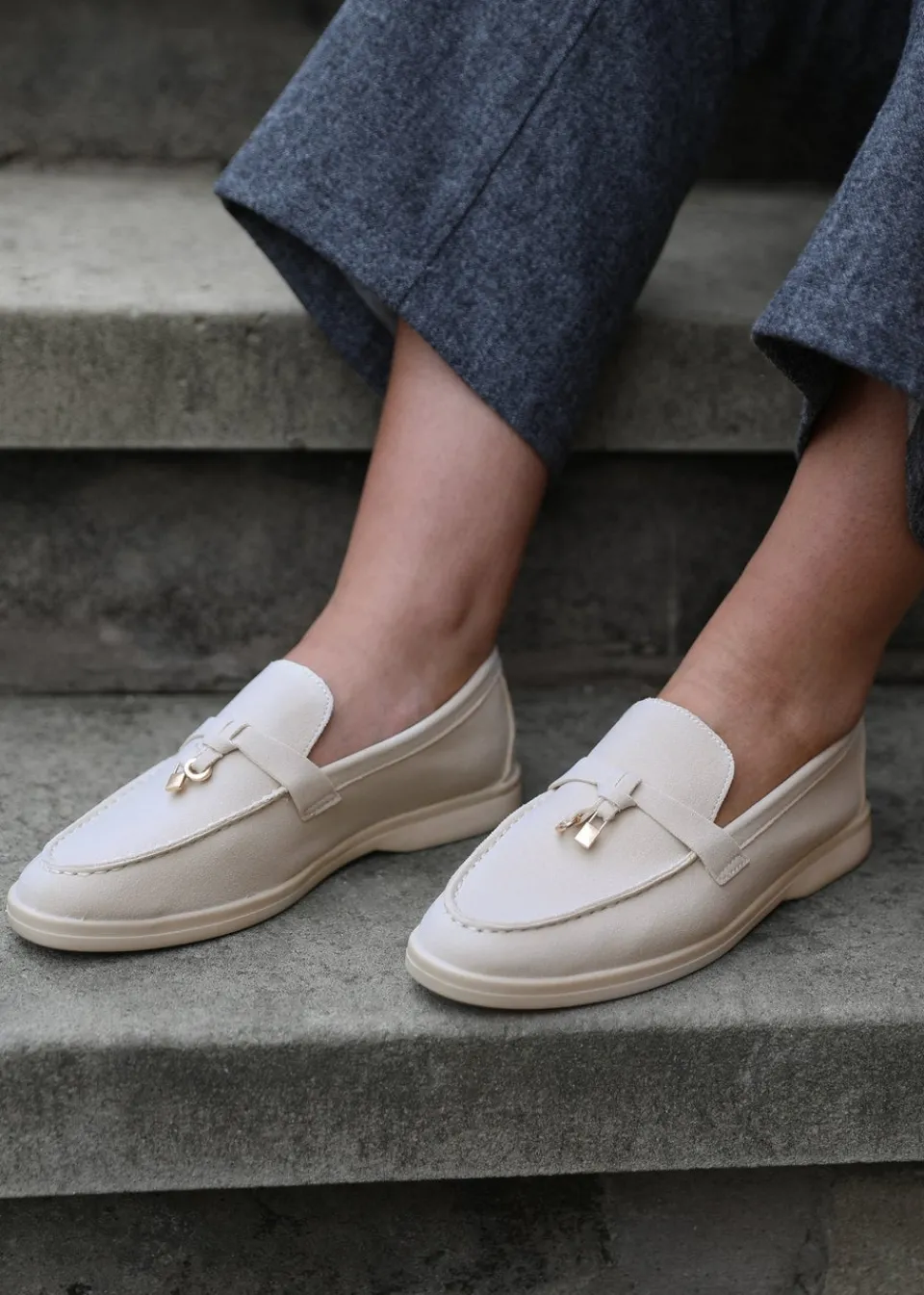 Footwear>Where's That From Where's That From Beige Suede Pegasus Slip On Trim Loafers