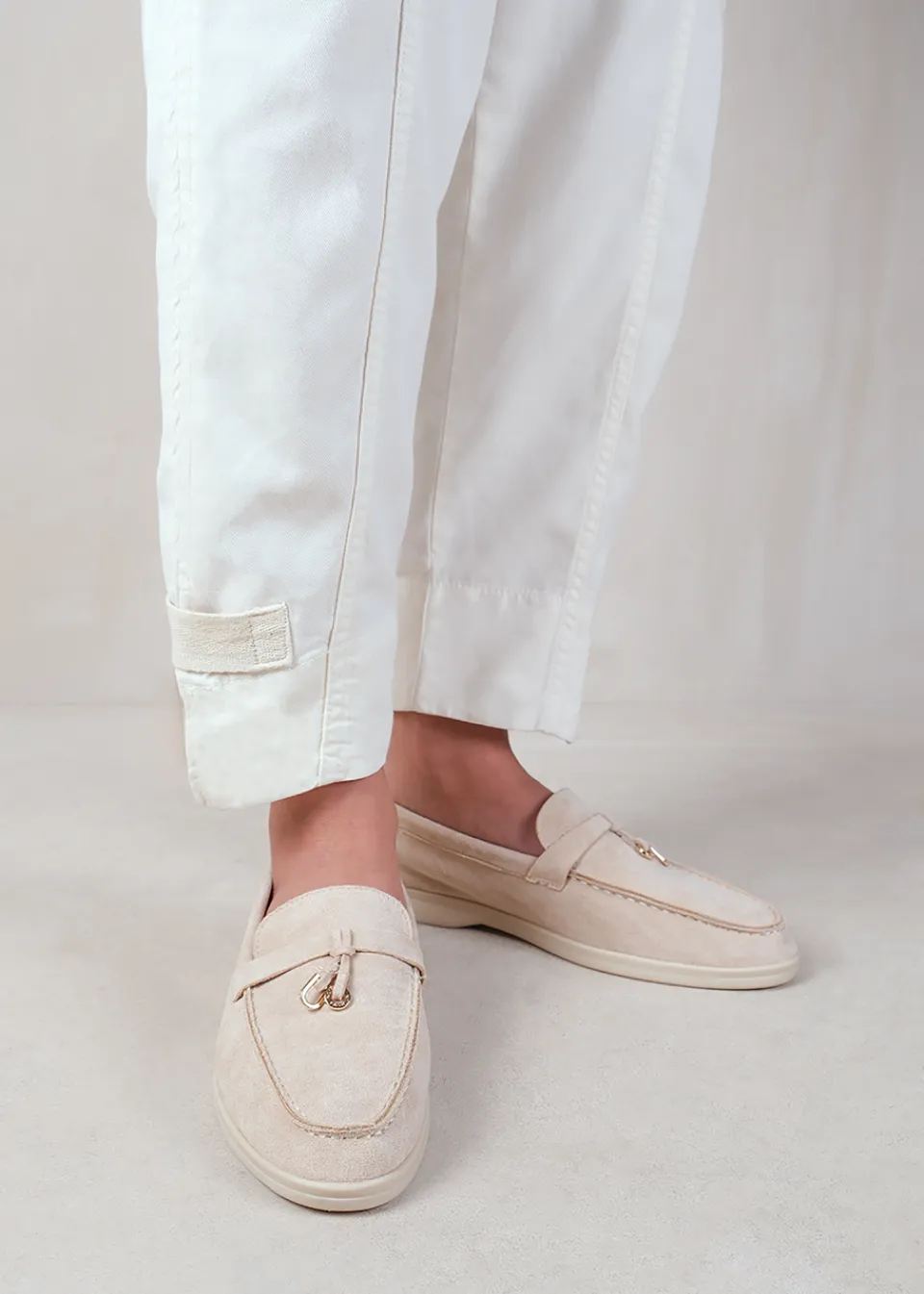 Footwear>Where's That From Where's That From Beige Suede Pegasus Slip On Trim Loafers