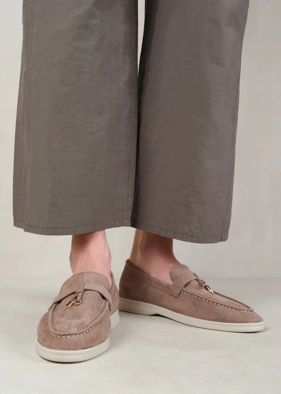 Footwear>Where's That From Where's That From Khaki Suede Pegasus Slip On Trim Loafers